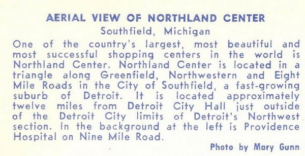 Northland Center (Northland Mall) - Old Postcard Back